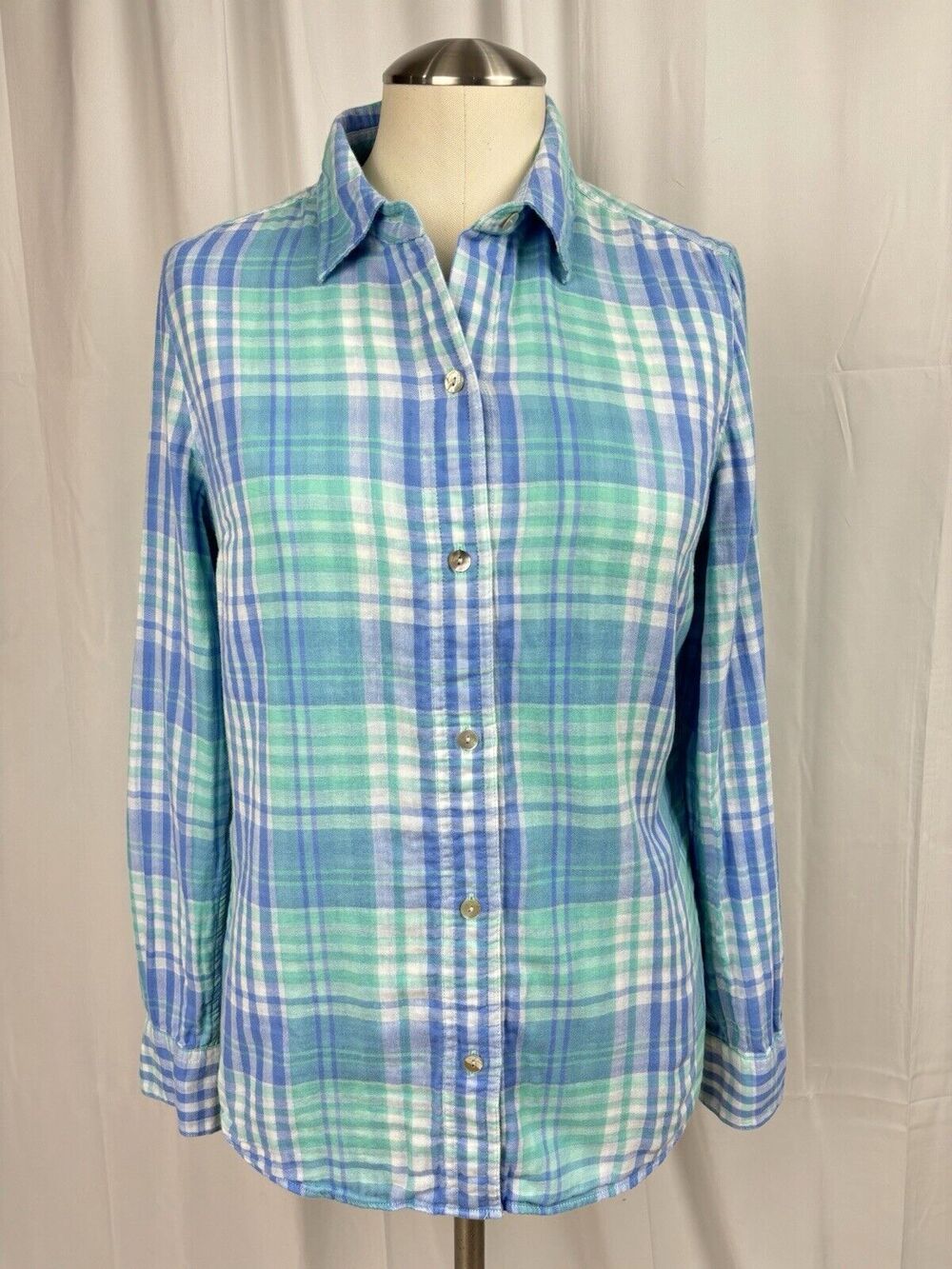 Vineyard Vines Blue Turquoise Villa Plaid Button Down LS Shirt Blouse Size 6